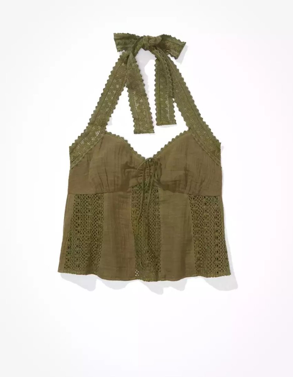 Chemises American Eagle AE Embroidered Babydoll Halter Top Vert Olive Femme | UKB-76253936